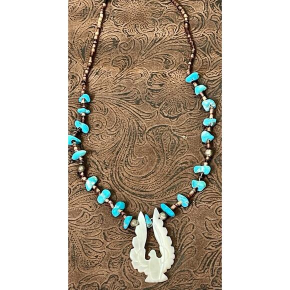 Turquoise Shell & Mother Of Pearl Thunderbird Pendant Nickel Silver Necklace 20” - Picture 8 of 13
